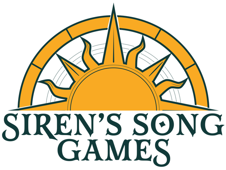 A gold compass rose with an S in the middle and the words "Siren's Song Games" written around the outside